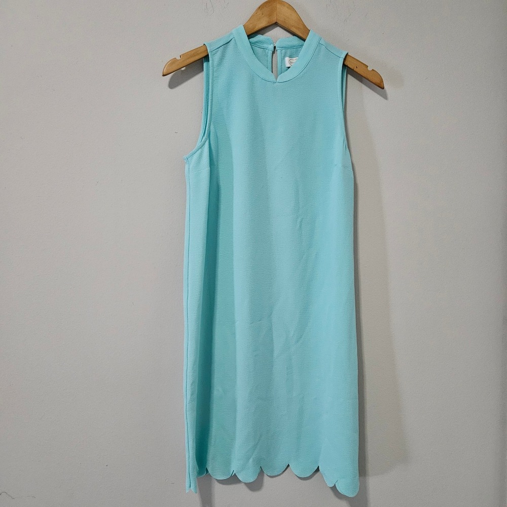 Mud Pie Aqua Blue Scalloped Hem Sleeveless Shift Dress Mock Neck Small